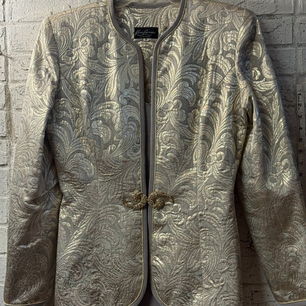 Karen Lawrence by Matthew Formal Dress w/ slit & Jacket Set | Silver Brocade - Picture 2 of 15